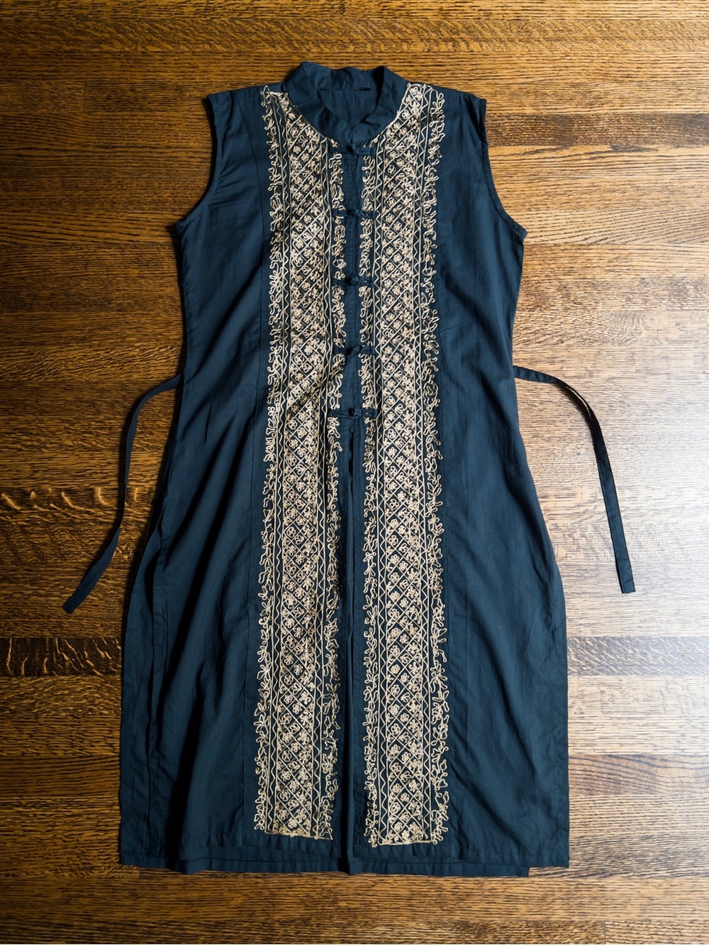 Vintage Tunic Dress, Sheer Indian Cotton with Gold Embroidery, Tie Back Waist